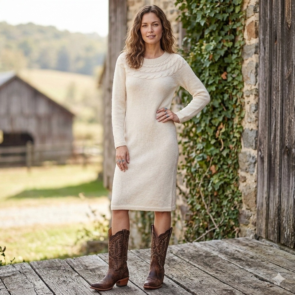 Lauren Ralph Lauren Sweater Dress Coquette Womens S Cream Cable Knit Midi Wool